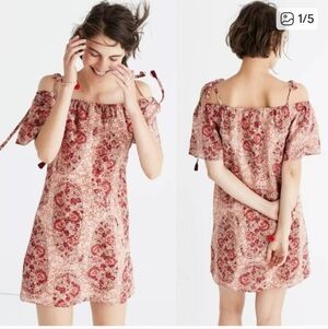 Madewell Red and Cream Off-Shoulder Silk Mini Dress